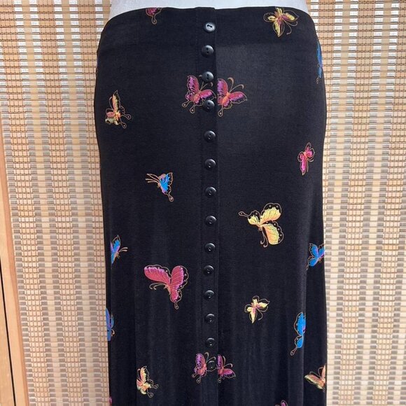 Vintage 90s EZ Town black butterfly maxi skirt with buttons - Picture 2 of 5
